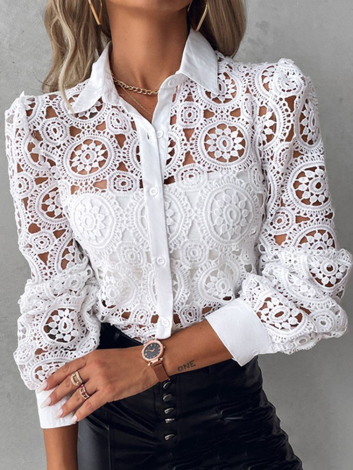 Fashion Elegant Long Sleeve Lace Patchwork Shirt for Women Office Ladies Tops Blouses & Shirts