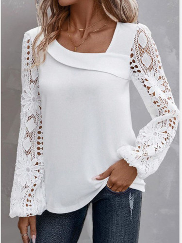 Elegant White Lace Patchwork Skew Collar Shirts And Blouses Hollow Out Long Sleeve Blouse
