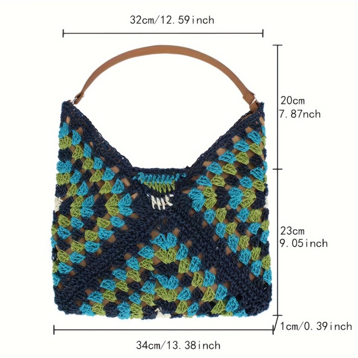 Summer Boho Chic Woven Tote Bag - Large Capacity, Buckle Closure, Polyester Lining, Foldable, Crochet Shoulder Strap, Perfect for Travel, Vacation, Beach, and Daily Use