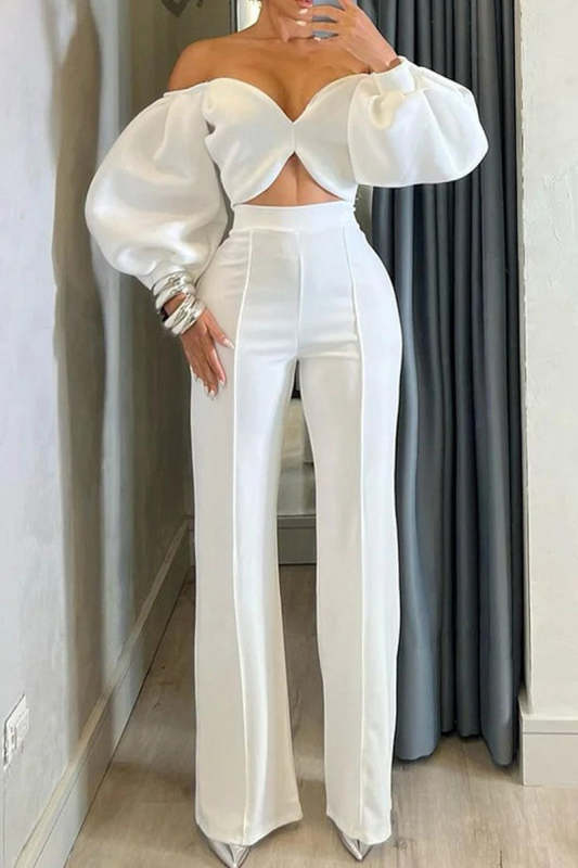Sexy Solid Color Off Shoulder Long Sleeve Two Pieces(No Belt)