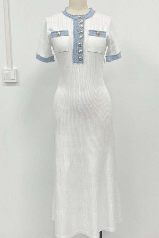 Elegant Solid Color Buttons Patchwork O Neck A Line Dresses