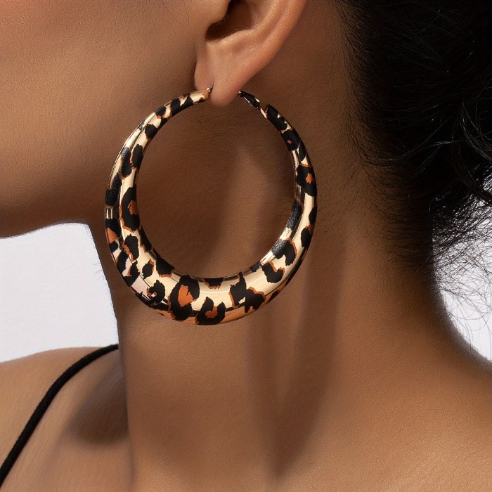 Chunky Hoop Earrings With Leopard Pattern Retro Bohemian Style Alloy Jewelry Daily Casual