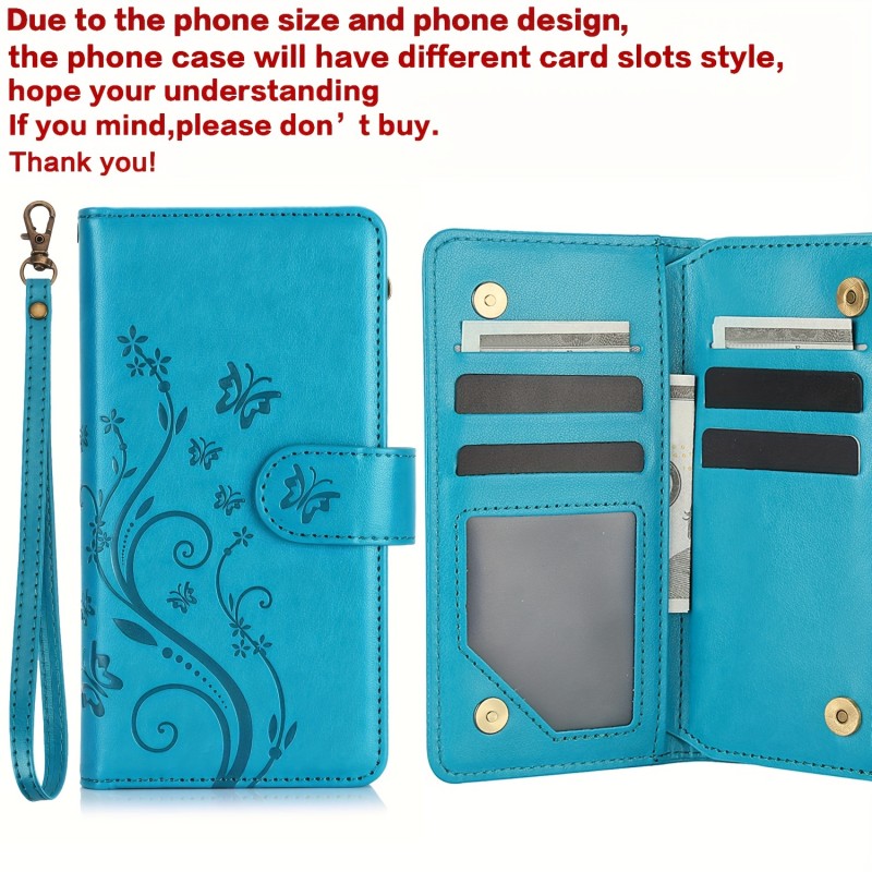 Butterfly Bloom Luxury PU Leather Zipper Wallet Case for iPhone - Secure Card Slots, Stand Function, Magnetic Closure, & Lanyard - Perfect for On-the-Go Style and Convenience