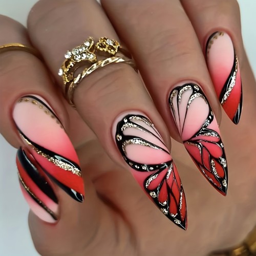 24pcs Summer Gradient Pink Glossy Almond Press On Nails With Butterfly Designs And Glitter Sequins - Long Length Acrylic All Cover False Nails For Women And Girls
