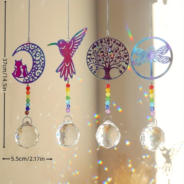 1pc Color Golden Animal Stainless Steel Sun Catcher Hummingbird Butterfly Owl Dragonfly Seahorse Life Tree Crystal Ball Pendant, Crystal Wind Chimes Balls Prisms Rainbow Maker For Home Indoor Outdoor Garden Decor