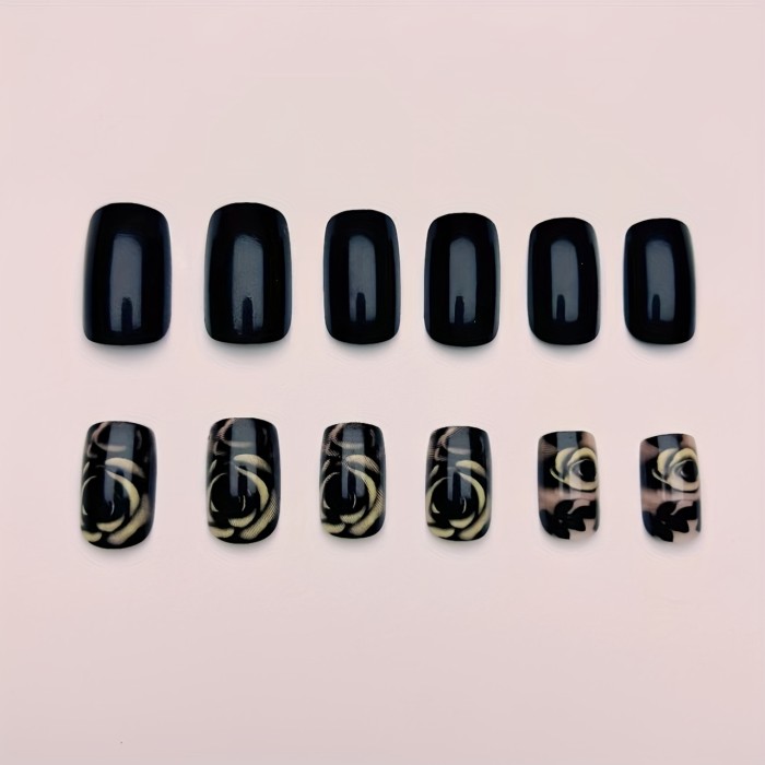Chic Black Rose Press-On Nails - Medium Square, Glossy Finish With Floral Design For Women & Girls