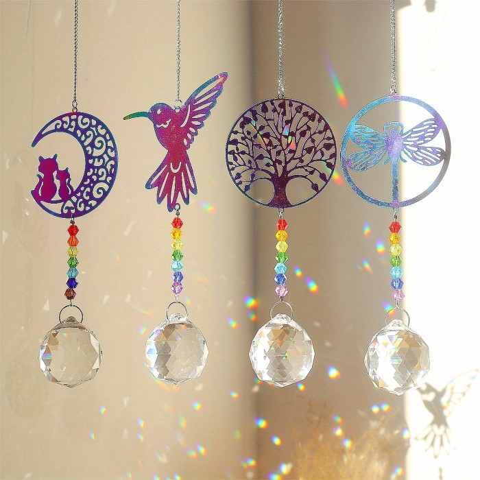 1pc Color Golden Animal Stainless Steel Sun Catcher Hummingbird Butterfly Owl Dragonfly Seahorse Life Tree Crystal Ball Pendant, Crystal Wind Chimes Balls Prisms Rainbow Maker For Home Indoor Outdoor Garden Decor
