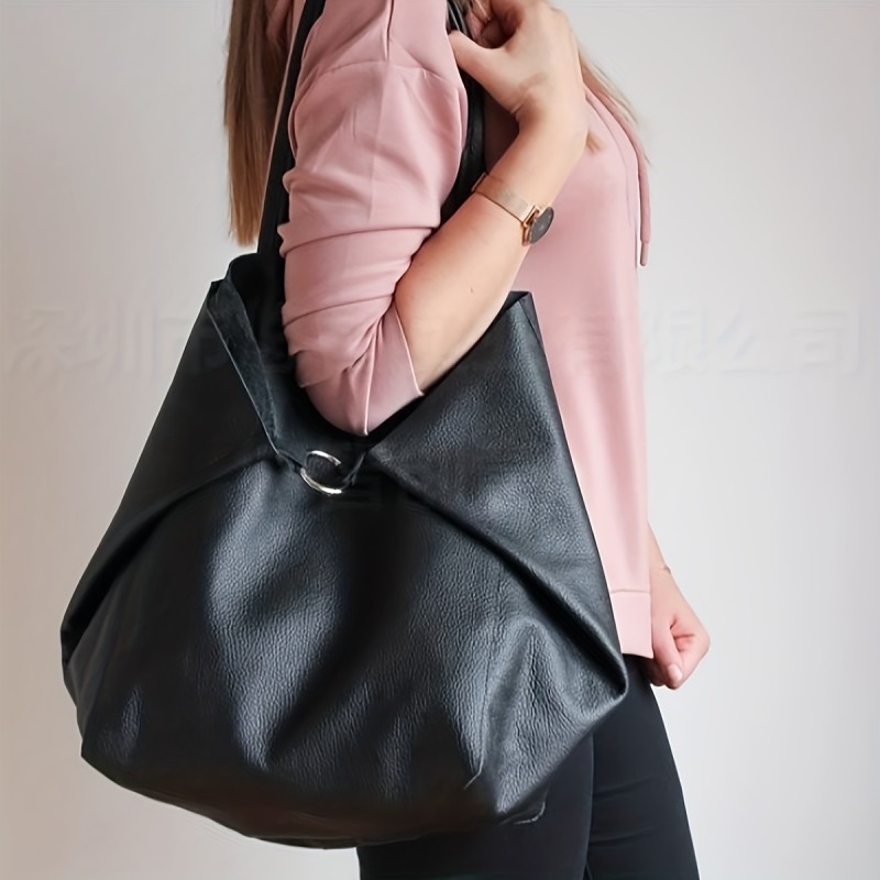 Large Capacity Retro Soft PU Leather Tote Bag - Stylish Buckle Closure Shoulder Bag with Spacious Interior - Trendy Handbag for Women with Classic Design