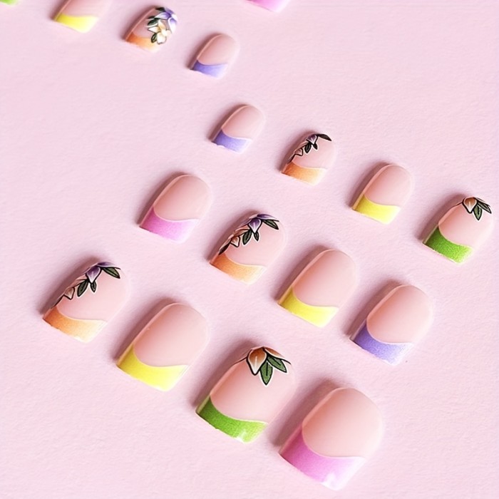 24pc Glossy Square Fake Nails with Breathtaking Flower Design - Colorful French Tip Press-On Set for Women & Girls - Spring Summer Style, Short Length, Effortless Glam
