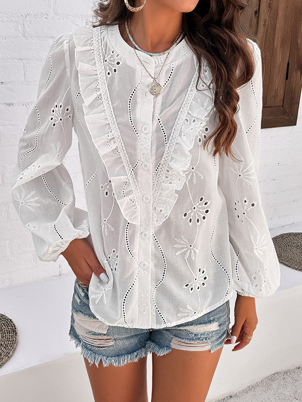 Long Sleeves Loose Buttoned Hollow Ruffle Trim Solid Color Split-Joint Round-Neck Blouses&Shirts Tops