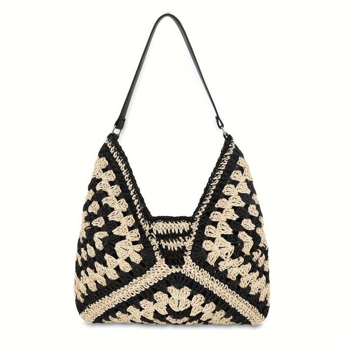 Summer Boho Chic Woven Tote Bag - Large Capacity, Buckle Closure, Polyester Lining, Foldable, Crochet Shoulder Strap, Perfect for Travel, Vacation, Beach, and Daily Use