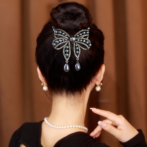 1pc Vintage Faux Pearl Sparkling Rhinestone Decorative Ponytail Holder Elegant Hair Grab Clip For Women And Female