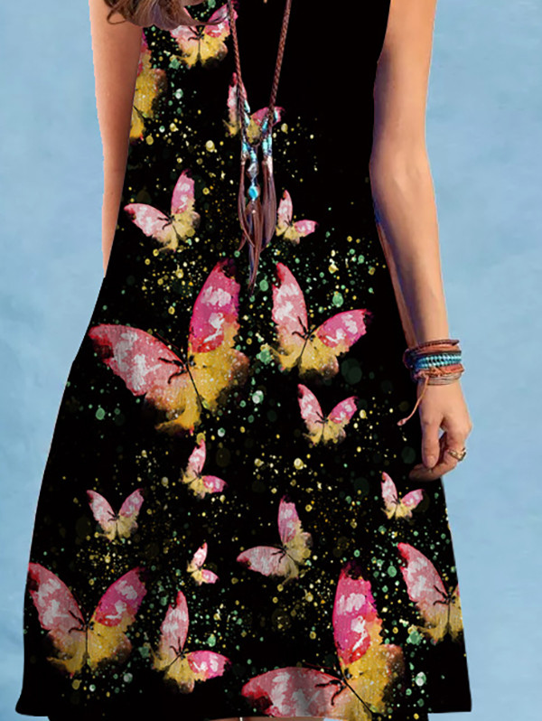 Loose Plus Size Butterfly Print Printed V-Neck Mini Dresses