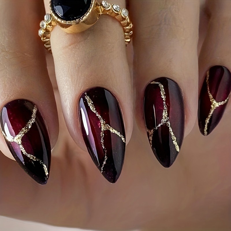 24pcs Vibrant Dark Red Halloween Press-On Nails - Sparkling Golden Glitter Almond Shape - Ultra-Glossy Full Cover Stone Pattern - For Fashionable Women & Girls - Easy Application, Perfect for Halloween Celebrations