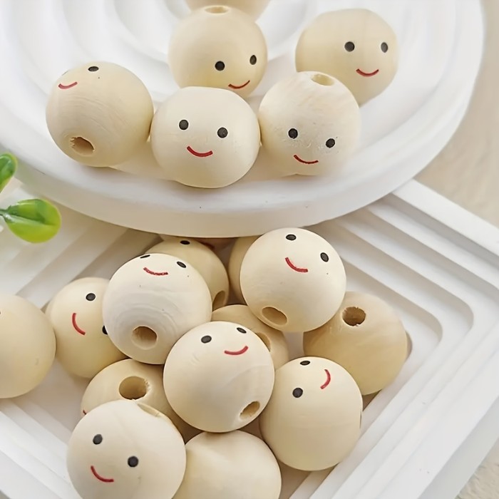 20pcs Smiling Face Wooden Beads Round Expression Loose Beads For Jewelry Making DIY Creative Hand String, Necklace Other Hanging Decors Beaded Craft Supplies