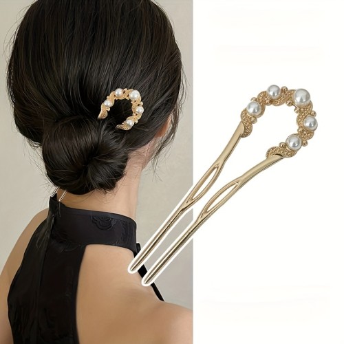 Elegant Vintage Faux Pearl-Embellished U-Shaped Hairpin, Women's Fashion Accessory For Casual And Party Wear, Princess Fairy Style, Ideal Gift And Photo Prop