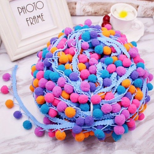 1pc Colorful Pompoms Trim Lace Ribbon Fabric For Handmade DIY Craft Sewing Decoration, 2Yards*15mm