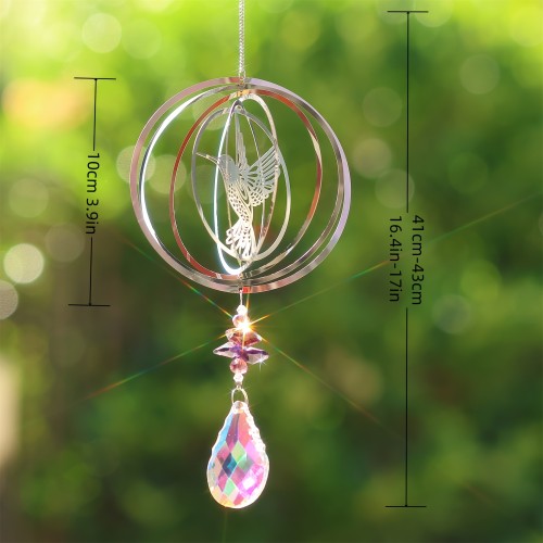 3D Rotating Hummingbird and Butterfly Life Tree Wind Chime with Crystal Pendants - Outdoor Garden Decoration