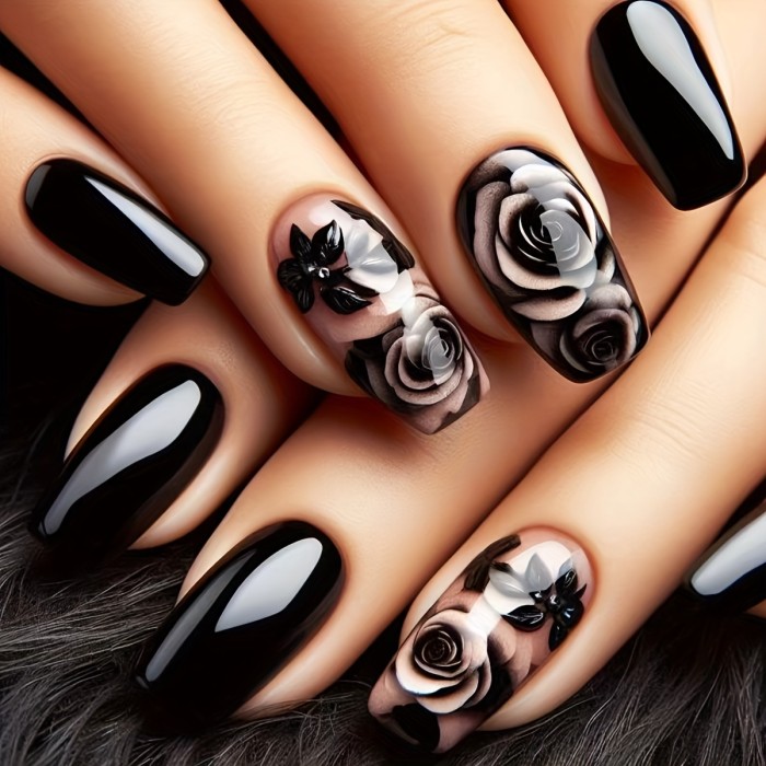 Chic Black Rose Press-On Nails - Medium Square, Glossy Finish With Floral Design For Women & Girls