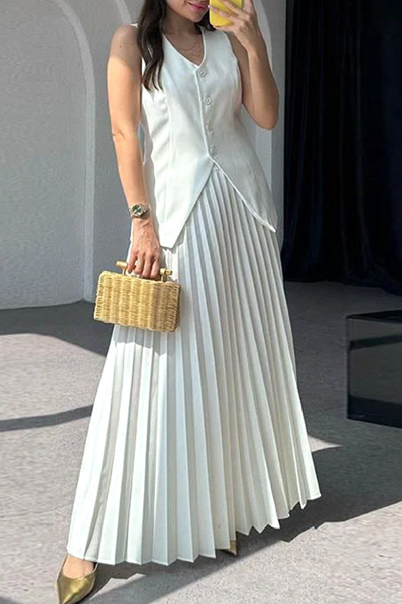 Casual British Style Solid Buttons V Neck Sleeveless Two Pieces main image 1
