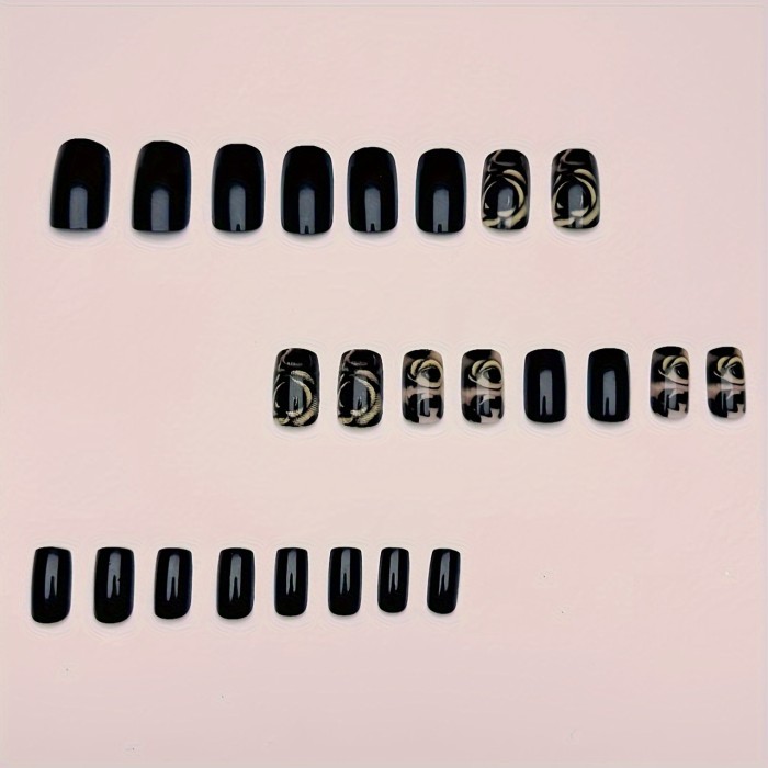 Chic Black Rose Press-On Nails - Medium Square, Glossy Finish With Floral Design For Women & Girls