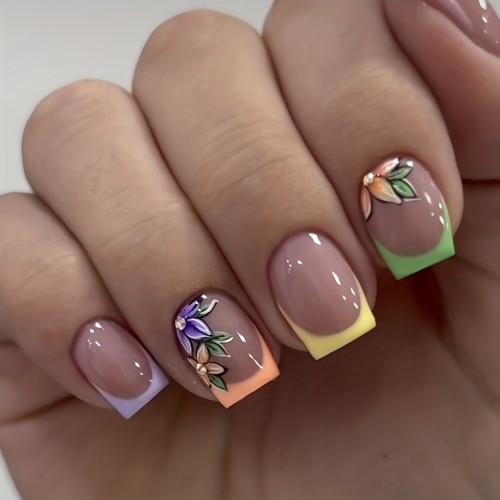 24pc Glossy Square Fake Nails with Breathtaking Flower Design - Colorful French Tip Press-On Set for Women & Girls - Spring Summer Style, Short Length, Effortless Glam
