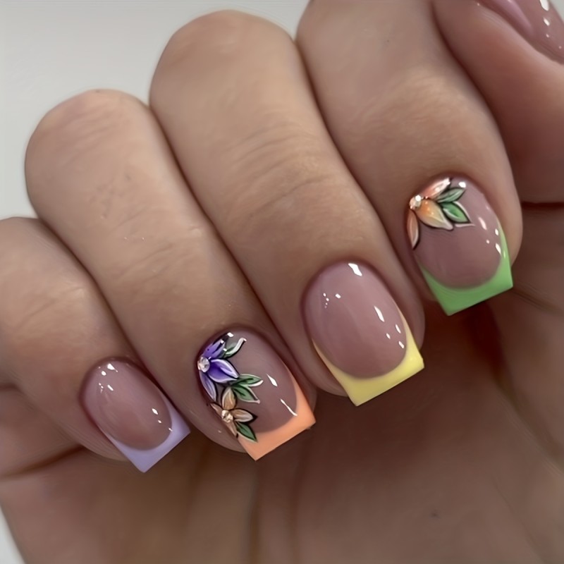 24pc Glossy Square Fake Nails with Breathtaking Flower Design - Colorful French Tip Press-On Set for Women & Girls - Spring Summer Style, Short Length, Effortless Glam