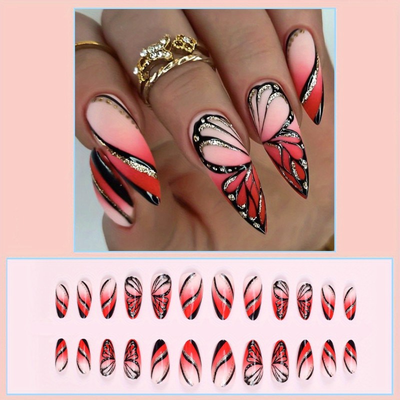 24pcs Summer Gradient Pink Glossy Almond Press On Nails With Butterfly Designs And Glitter Sequins - Long Length Acrylic All Cover False Nails For Women And Girls
