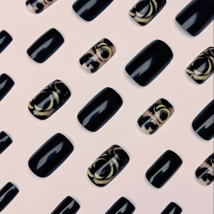 Chic Black Rose Press-On Nails - Medium Square, Glossy Finish With Floral Design For Women & Girls