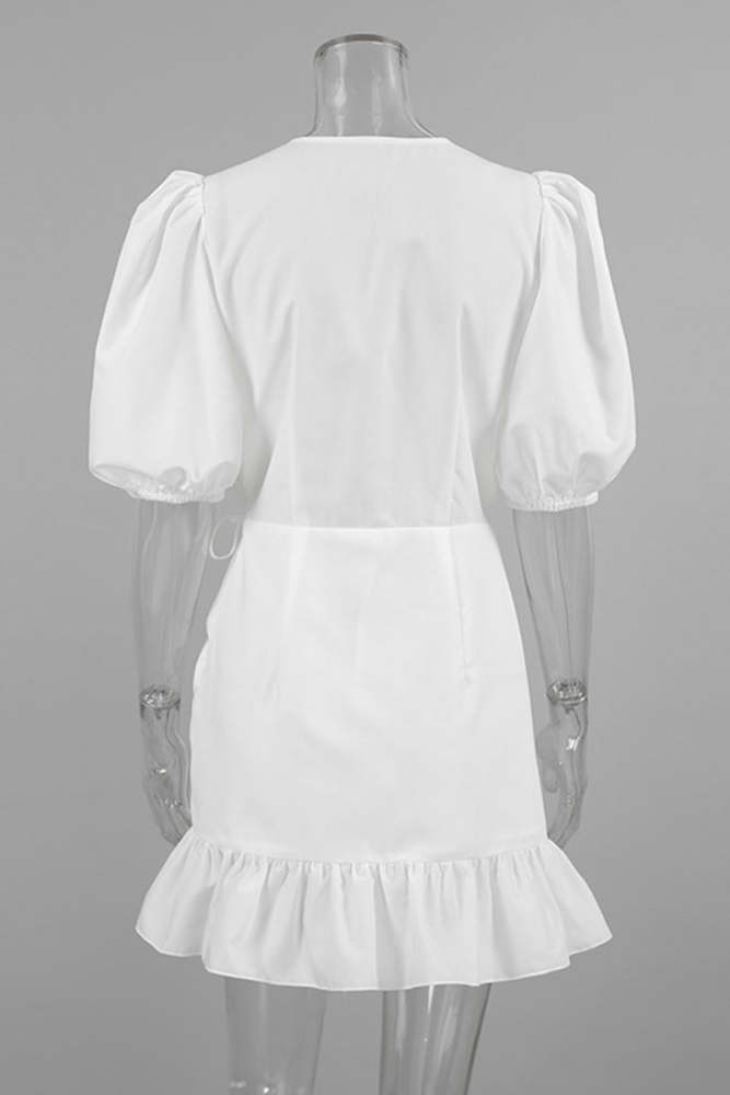 Casual Daily Solid Color Draw String Ruffle Ruched V Neck A Line Dresses