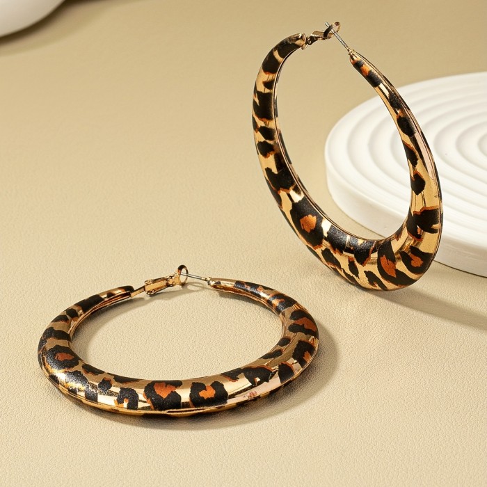 Chunky Hoop Earrings With Leopard Pattern Retro Bohemian Style Alloy Jewelry Daily Casual