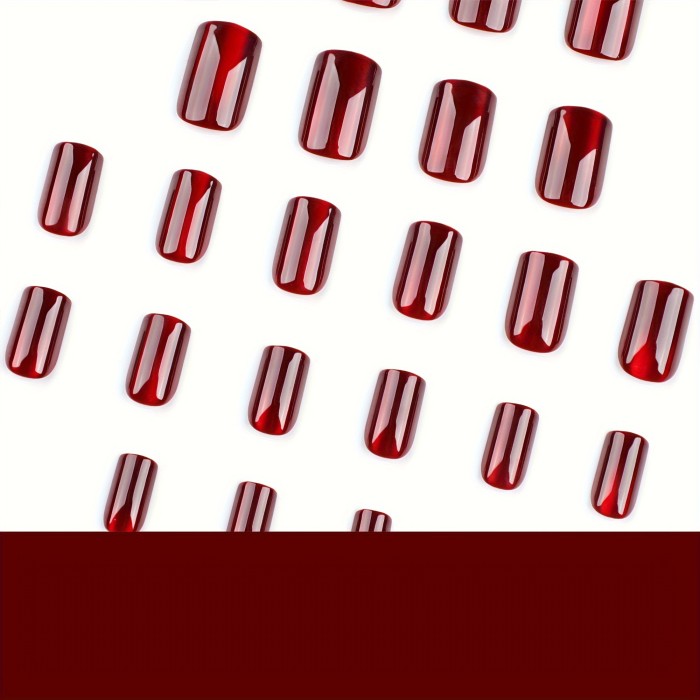 24pc Red Cats Eye Press-On Nails - Short Square, Full Cover, Fake Nails Set for Women & Girls - Shiny, Durable, Includes Nail File & Strong Adhesive Glue - Quick & Easy Salon-Quality Manicure