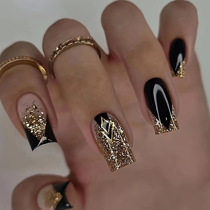 24pcs Easy-Apply Short Square Press-On Nails with Black and Golden Glitter Design - Glossy Finish - Perfect for Parties and Daily Wear