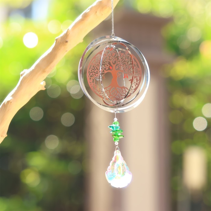 3D Rotating Hummingbird and Butterfly Life Tree Wind Chime with Crystal Pendants - Outdoor Garden Decoration