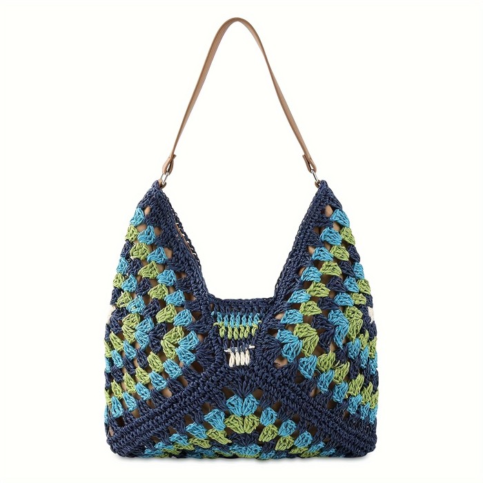 Summer Boho Chic Woven Tote Bag - Large Capacity, Buckle Closure, Polyester Lining, Foldable, Crochet Shoulder Strap, Perfect for Travel, Vacation, Beach, and Daily Use