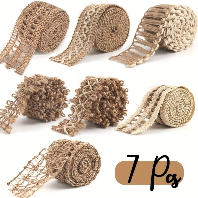 7pcs Jute Burlap Ribbons - Rustic Lace Craft Ribbon Net for DIY Sewing, Gift Wrapping, Party, Holiday, and Wedding Decorations - 2 Meters Each, Total Length 14 Meters, Natural, Earthy, and Vintage Look
