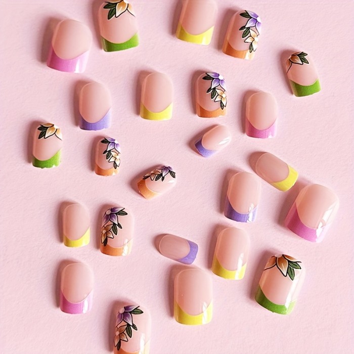 24pc Glossy Square Fake Nails with Breathtaking Flower Design - Colorful French Tip Press-On Set for Women & Girls - Spring Summer Style, Short Length, Effortless Glam