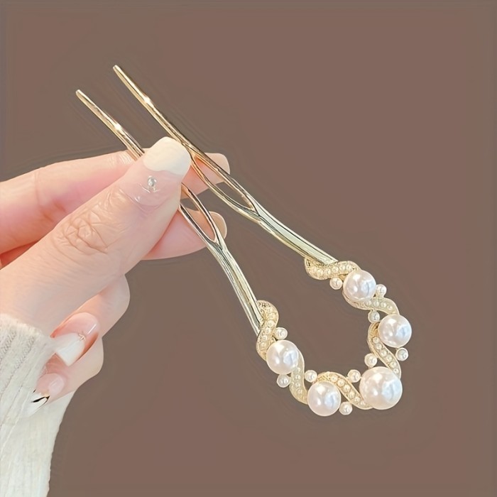 Elegant Vintage Faux Pearl-Embellished U-Shaped Hairpin, Women's Fashion Accessory For Casual And Party Wear, Princess Fairy Style, Ideal Gift And Photo Prop