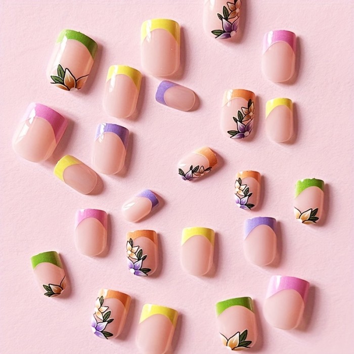 24pc Glossy Square Fake Nails with Breathtaking Flower Design - Colorful French Tip Press-On Set for Women & Girls - Spring Summer Style, Short Length, Effortless Glam