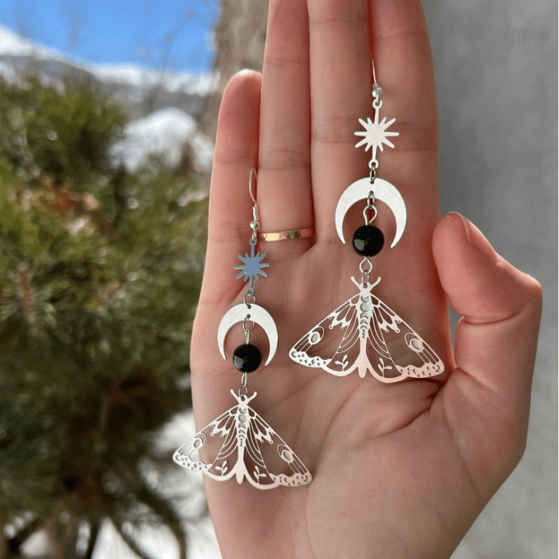 2Pcs Exquisite and Elegant Moth Natural Stone Hollow Moon Fashion Classic Style Stainless Steel Silver Color Earrings Women Daily Gift