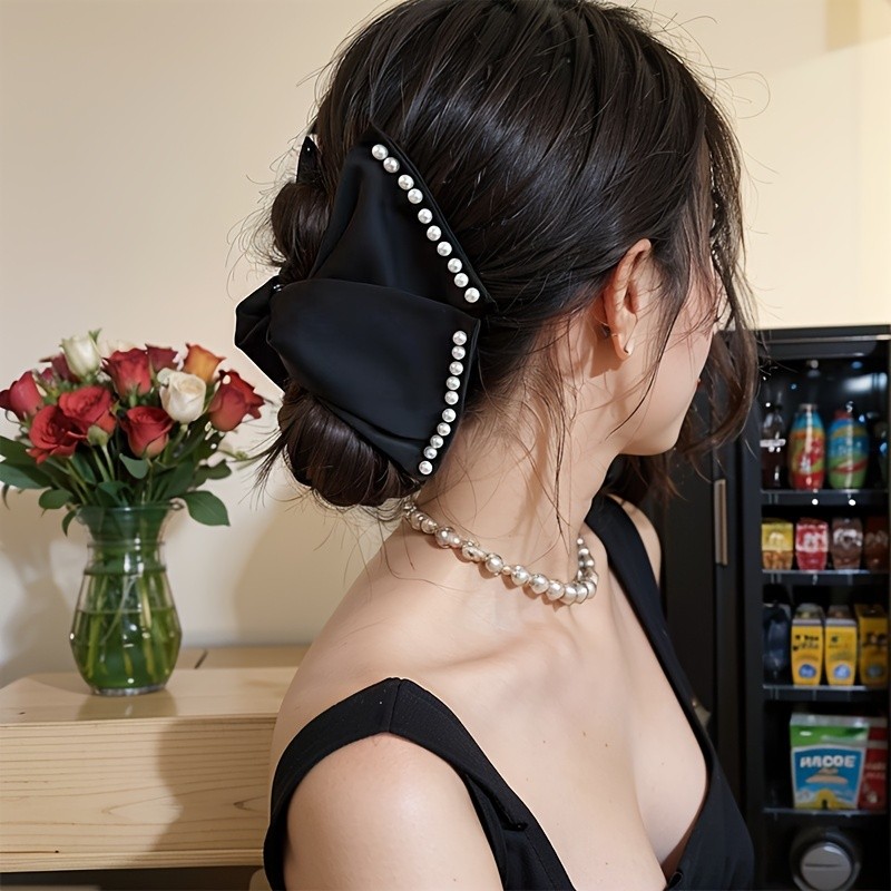 Elegant Black Faux Pearl Hair Claw - Vintage-Inspired Ponytail Holder For Women, Chic & Simple Design
