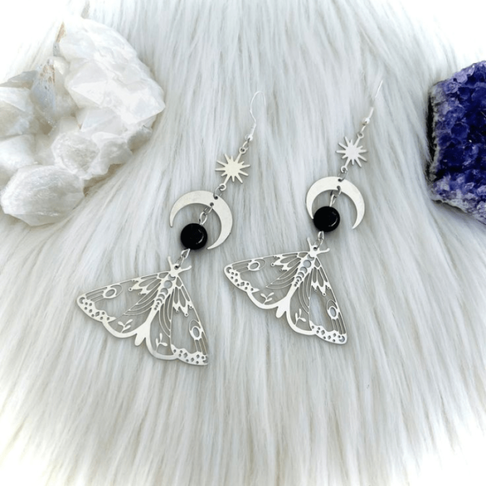 2Pcs Exquisite and Elegant Moth Natural Stone Hollow Moon Fashion Classic Style Stainless Steel Silver Color Earrings Women Daily Gift