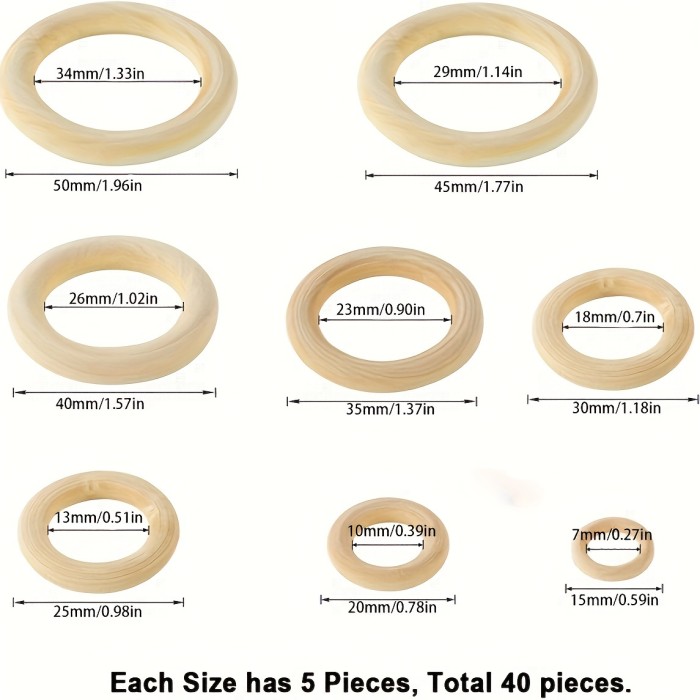 40pcs Nature Wooden Rings, 8 Sizes Wood Rings For Crafts Macrame Rings,Wooden Rings Natural Resources For Early Years Loop Ring For Craft DIY Jewelry Findings