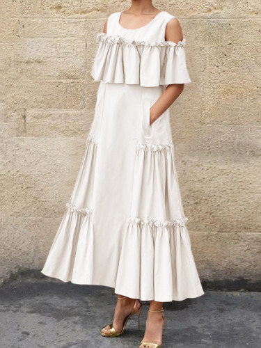A-Line Loose Pleated Pockets Ruffle Trim Solid Color Split-Joint Cold Shoulder Maxi Dresses
