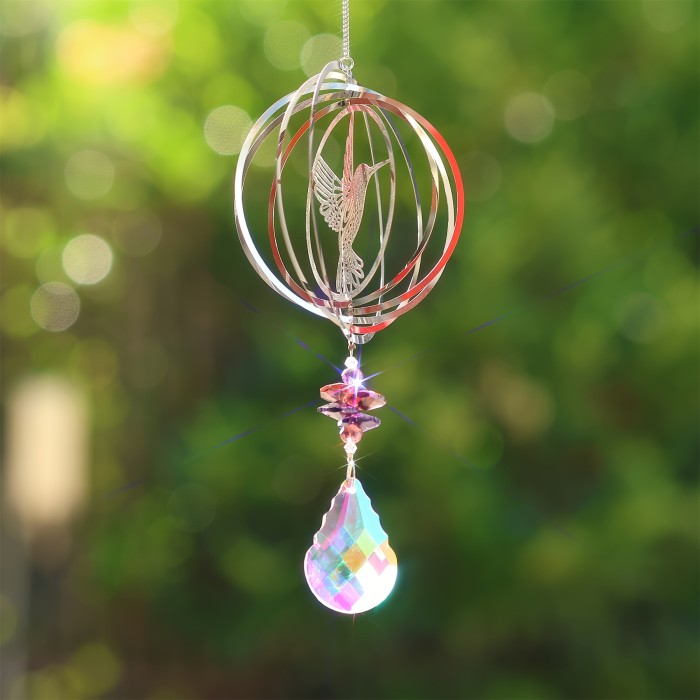 3D Rotating Hummingbird and Butterfly Life Tree Wind Chime with Crystal Pendants - Outdoor Garden Decoration