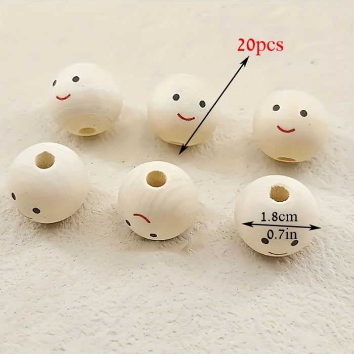 20pcs Smiling Face Wooden Beads Round Expression Loose Beads For Jewelry Making DIY Creative Hand String, Necklace Other Hanging Decors Beaded Craft Supplies