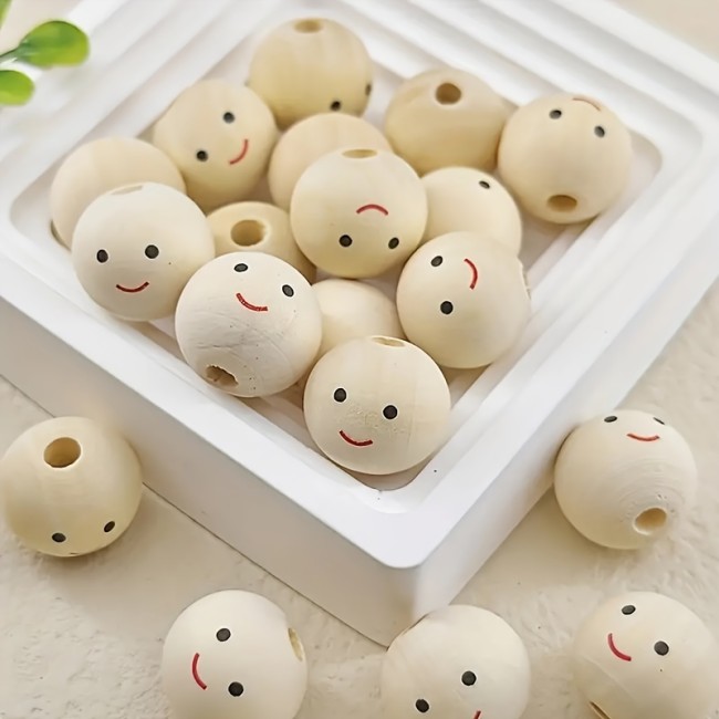 20pcs Smiling Face Wooden Beads Round Expression Loose Beads For Jewelry Making DIY Creative Hand String, Necklace Other Hanging Decors Beaded Craft Supplies