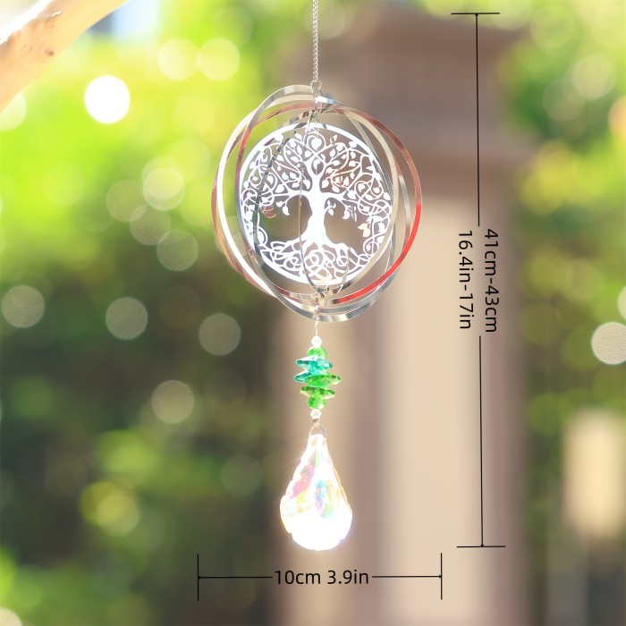 3D Rotating Hummingbird and Butterfly Life Tree Wind Chime with Crystal Pendants - Outdoor Garden Decoration