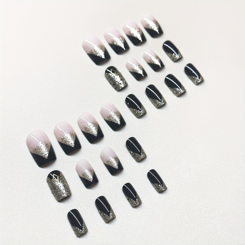 24pcs Easy-Apply Short Square Press-On Nails with Black and Golden Glitter Design - Glossy Finish - Perfect for Parties and Daily Wear