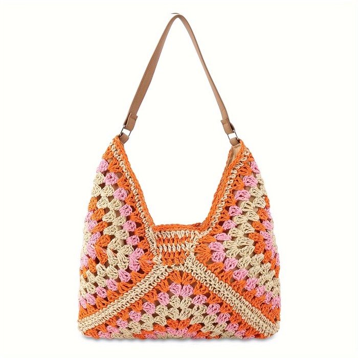 Summer Boho Chic Woven Tote Bag - Large Capacity, Buckle Closure, Polyester Lining, Foldable, Crochet Shoulder Strap, Perfect for Travel, Vacation, Beach, and Daily Use